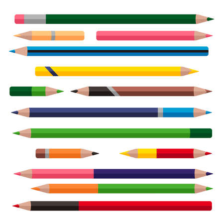 Colored pencils with sharp tips. Sharpened sticks for painting, drawing. Colored coloring leads, used and new, long and short.のイラスト素材