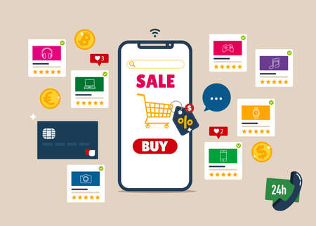 Online shopping on application and website concept, digital marketing online, shopping cart with new items on smartphone screen.のイラスト素材