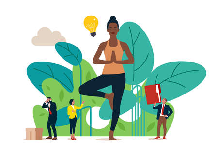 Meditation. Office work balance, creative woman works and thinks. Exercises for searching ideas, emotional business team.のイラスト素材