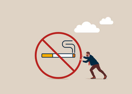Man pushing stop smoking sign defines to a man is fighting to quit smoking. no smoking banner. vector illustration.のイラスト素材