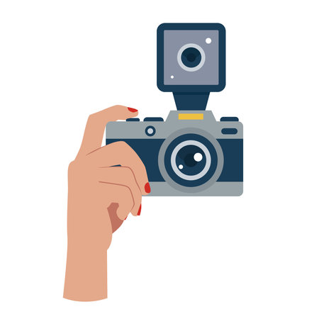 Image of hand with photo camera on empty white background.のイラスト素材