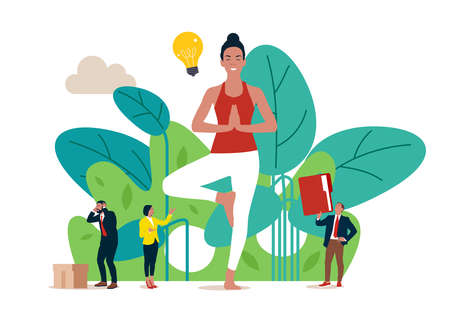 Meditation. Office work balance, creative woman works and thinks. Exercises for searching ideas, emotional business team.のイラスト素材