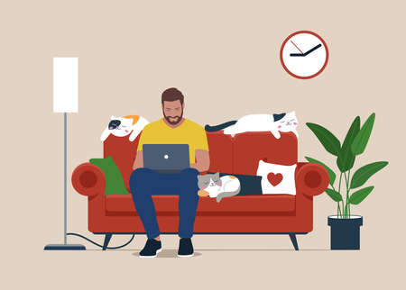 Man with laptop sitting of sofa. Freelance or study concept. Cute illustration in flat style.のイラスト素材