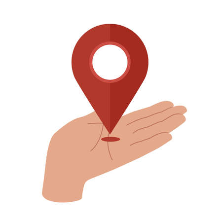 Location in hand icon. Indicator in palm, Map pointer, place mark. GPS navigation, destination, position search.のイラスト素材