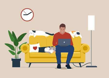 Young man with laptop sitting of sofa. Freelance or study concept. Cute illustration in flat style.のイラスト素材