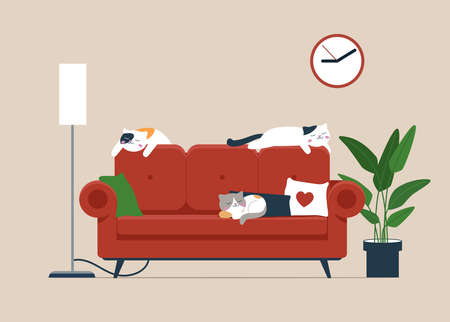 Cats sleeping on a red sofa. Freelance or study concept. Cute illustration in flat style.のイラスト素材