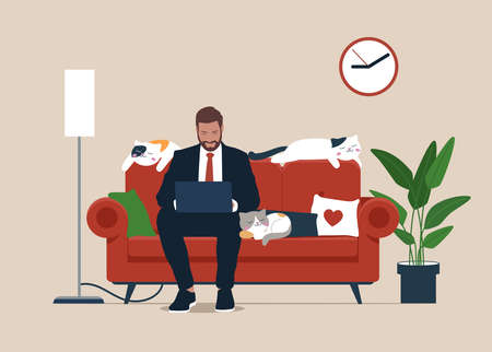 Businessman with laptop sitting on sofa. Freelance or study concept. Cute illustration in flat style.のイラスト素材