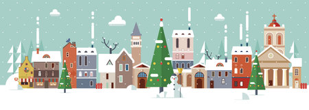 Cute Christmas houses, city buildings. Cozy town panorama with home exteriors. Urban street with chimneys, smoke. Flat vector illustration isolated on white background.のイラスト素材