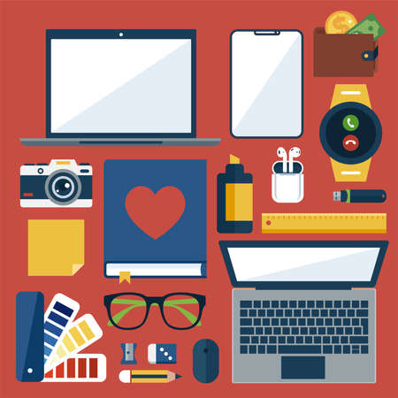 Designer office workspace with supplies and elements in flat design vector illustration.のイラスト素材