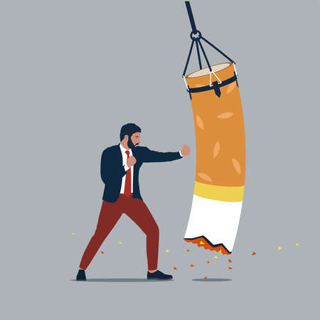 Businessman punching a boxing sandbag defines to a man is fighting to quit smoking. Stop smoking.のイラスト素材