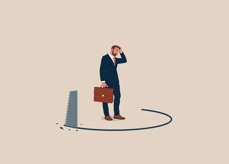 Business mistake, surprise economic crisis or financial crash, careless businessman standing without knowing someone sawing floor to collapse.のイラスト素材