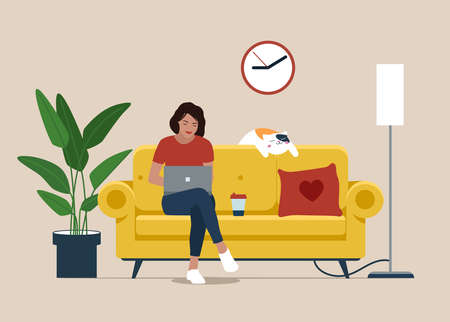 Girl with laptop sitting on the sofa. Freelance or study concept. Cute illustration in flat style.のイラスト素材