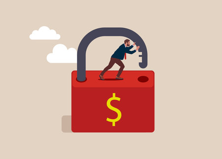Businessman pushes the padlock to unlock. Unlock business, finance, banking problems. Open up business, work, finance opportunities.のイラスト素材
