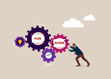 Businessman spin the cogs or gear to drive action plans. Business action plans, strategies or goals to drive the organization or target audience.のイラスト素材