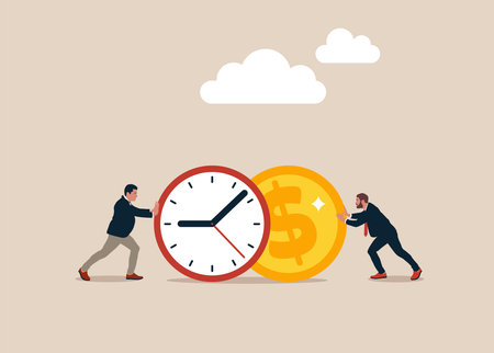Two mans are pushing a watch and a coin towards each other, describe time is money, compete.のイラスト素材
