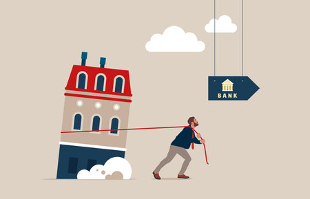Mortgage Refinancing Loan-male dragging house to the bank. Vector illustration in flat style.のイラスト素材