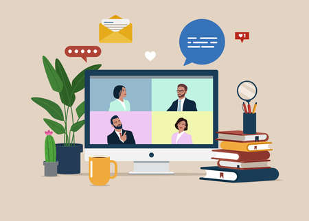 Online meeting via group call. Computer with group of people doing video conference.のイラスト素材