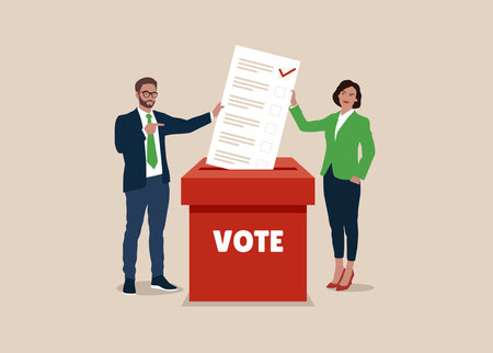 Man and woman putting paper ballots to election box. Voters casting ballots at the polling place. Vector flat illustration.のイラスト素材