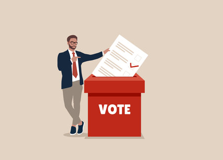 Man Voter Putting Ballot Into Voting box. Democracy Freedom Concept.のイラスト素材