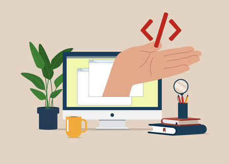 Online programming or mobile app, coding, website development with hand coming out of browser silhouette and holding code. vector illustration.のイラスト素材