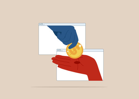 Currency exchange concept with two hands coming out of browser pass each other a golden coin. Online payment on online money or cryptocurrency transfer.のイラスト素材