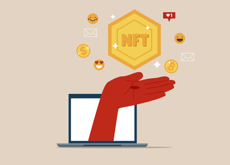 NFT token - hand holding non fungible token. Different currency icons and emoji icons.のイラスト素材