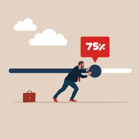 Ambition or career challenge, businessman try hard to push working progress bar to finish in...