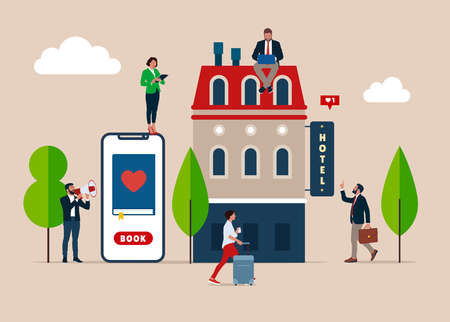 Hotel booking, people searching and reservation. Characters doing various tasks, team working. concept vector illustration.のイラスト素材