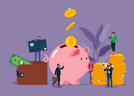 Piggy bank - investment, savings, income, money management. People characters doing various tasks.のイラスト素材