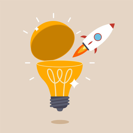 Innovative rocket launch flying high from opening bright lightbulb idea. Entrepreneurship or startup, creativity to begin business or breakthrough idea, launch new idea.のイラスト素材