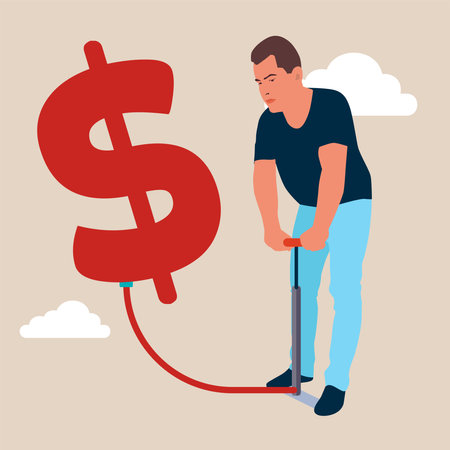 The business improve and growth concept. Businessman is inflating the dollar balloon. Business strategy, investment, wealth, management, marketing flat vector illustration.のイラスト素材
