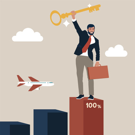 Key to business success, stairway to find secret key or achieve career target concept, businessman winner walk up to top of stairway lifting golden success key to the sky.のイラスト素材
