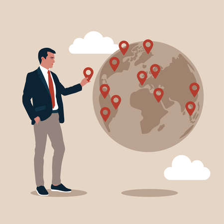 CEO put new branch pin on world map across the globe.Global business expansion, open company branches, franchise in new location to cover all continent, growing business worldwide.のイラスト素材