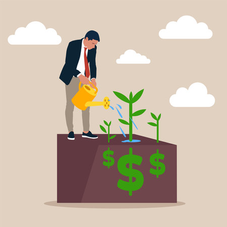 Businessman investor holding watering can to watering grow sprout seedling he plant from dollar sign. Dividend investment, prosperity and economic growth.のイラスト素材