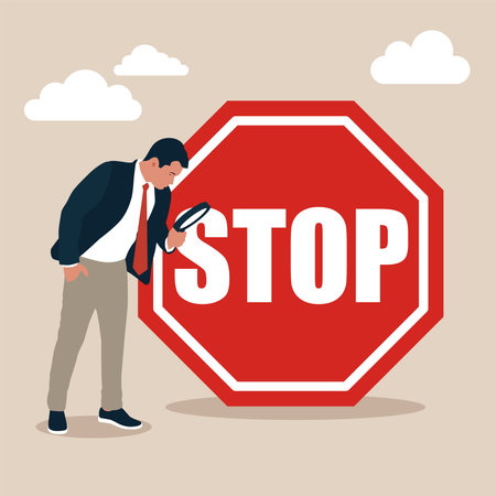 Businessman with magnifying monitor and investigate incident with stop sign. Incident management, root cause analysis or solving problem, identify risk or critical failure concept.のイラスト素材
