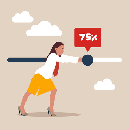 Ambition, businesswoman try hard to push working progress bar to finish in deadline. Working project progress, effort to finish work or achieve business success, accomplishment.のイラスト素材