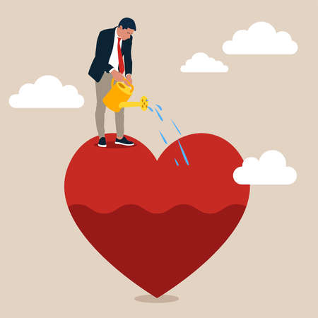 Businessman pouring water to fulfill heart shape metaphor of passion. Work passion, motivation to success and win business competition, mindset or attitude to work in we love to doのイラスト素材