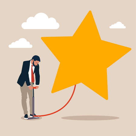 The business improve and growth concept. Businessman is inflating the star balloon. Business strategy, investment, wealth, management, marketing flat vector illustration.のイラスト素材