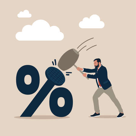 Businessman using hammer to nailed percentage sign to the floor. Federal Reserve low interest rate or central bank with long time zero percent interest rate until economic recoverのイラスト素材