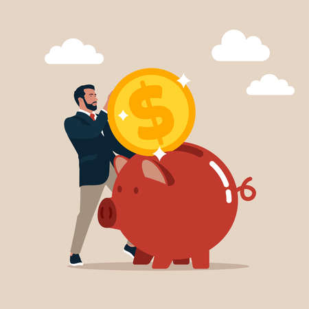 Businessman dropping coins into slot of piggy bank deposit and savings. Depositing money into banking account. Currency income finance management economy.のイラスト素材