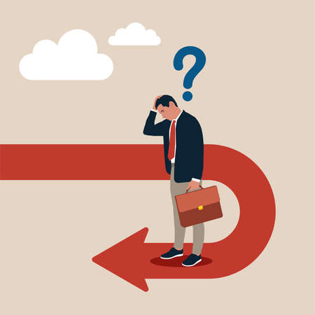 Frustrated businessman looking at his reverse direction pathway. Business turning point, break event or change direction, reverse back, interest rate or financial trend change.のイラスト素材
