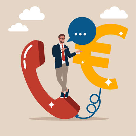 Salesman standing with telephone connected to money euro sign. Telemarketing or telesales, phone call for selling product or business deal via telephone call, insurance agent.のイラスト素材