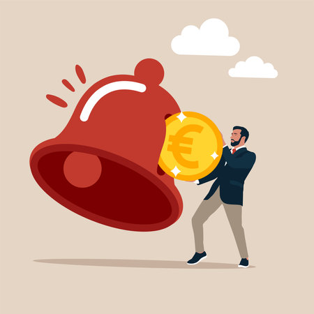 Customer hand put coin on subscription bell. Subscription business model, customer subscribe online service and pay recurring price, membership payment to use software on contentのイラスト素材
