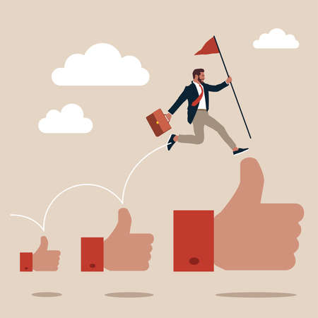 Businessman holding winner flag jumping up growing thumbs up sign. Career growth development, achievement, job improvement or promotion, appreciation or praise for success employeeのイラスト素材