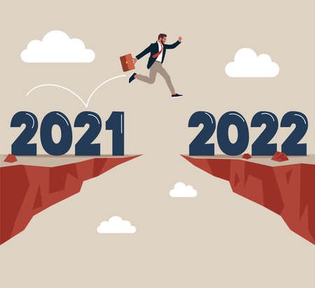 Businessman jump over year gap from 2021 to 2022. Year 2022 hope, new year resolution or success opportunity, change to new business bright future, overcome business difficultyのイラスト素材