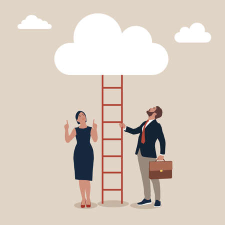 Businessman looking up a ladder to cloud. Vector Illustration Business concept a ladder Corporate of success.のイラスト素材