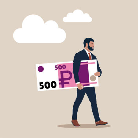 Businessman holding big ruble banknote in his hand. Big ruble bill. business man and money. Banker carry ruble vector icon for web design isolated.のイラスト素材