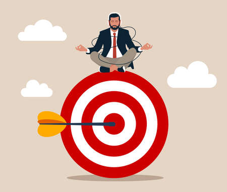 Businessman meditate sitting and focusing on big archer target. Stay focused and concentrate on business objective, goal or target, relax meditation to eliminate distraction.のイラスト素材