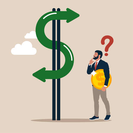 Businessman investor hold money coin choose dollar direction signs. Money decision, investment choice or option to make profit, buy or rent, pay off debt or investのイラスト素材