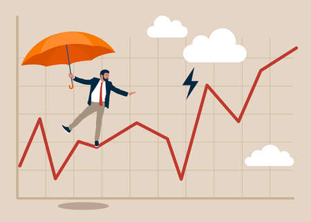 Businessman acrobat planning to walk on risky investment graph. Risk and uncertainty, investment volatility or stock market and crypto currency fluctuation up and downのイラスト素材